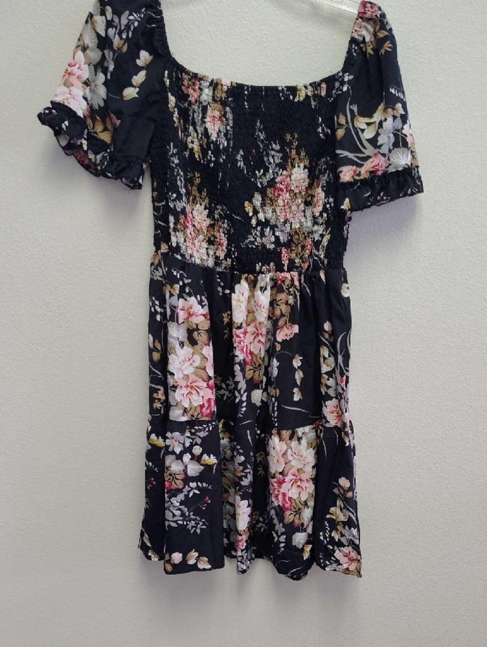Floral Smocked Black Mini Dress - Picture 6 of 7